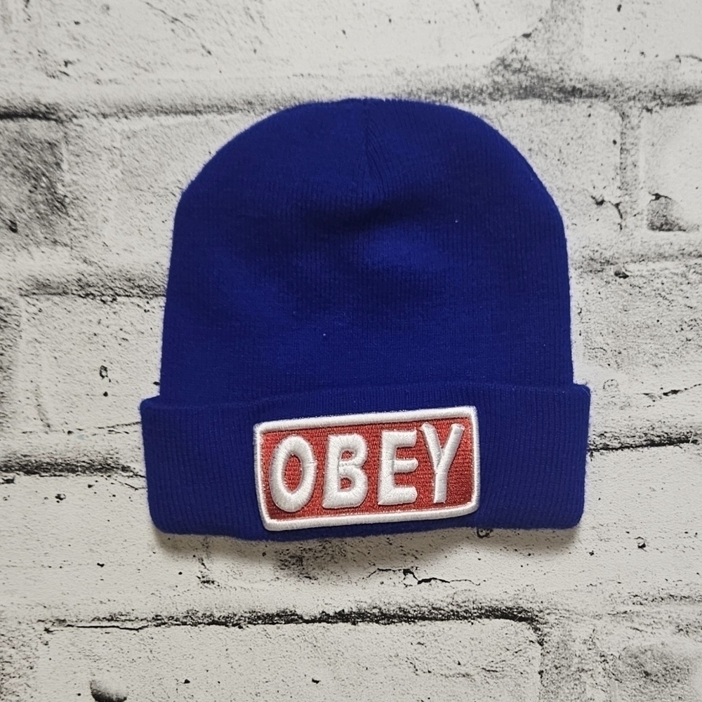 Obey Blue Beanie with Red Logo